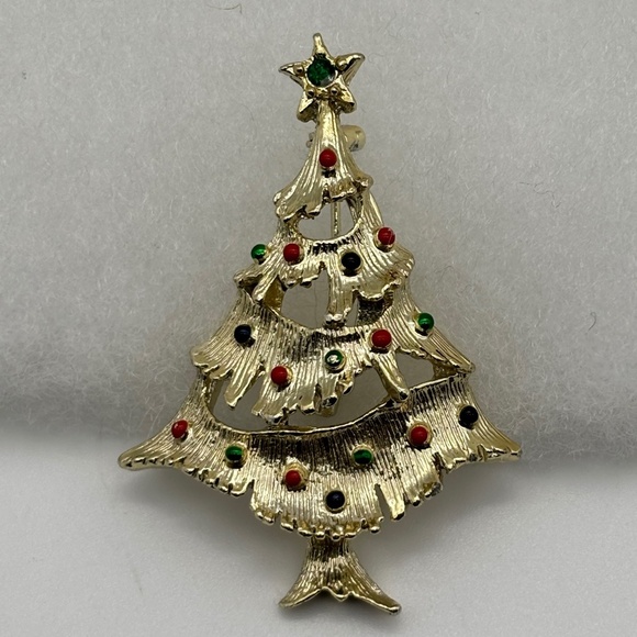 Vintage Gerry's Christmas Tree Pin, Gold Metal Green Red Decorations, Book Piece - Picture 7 of 15